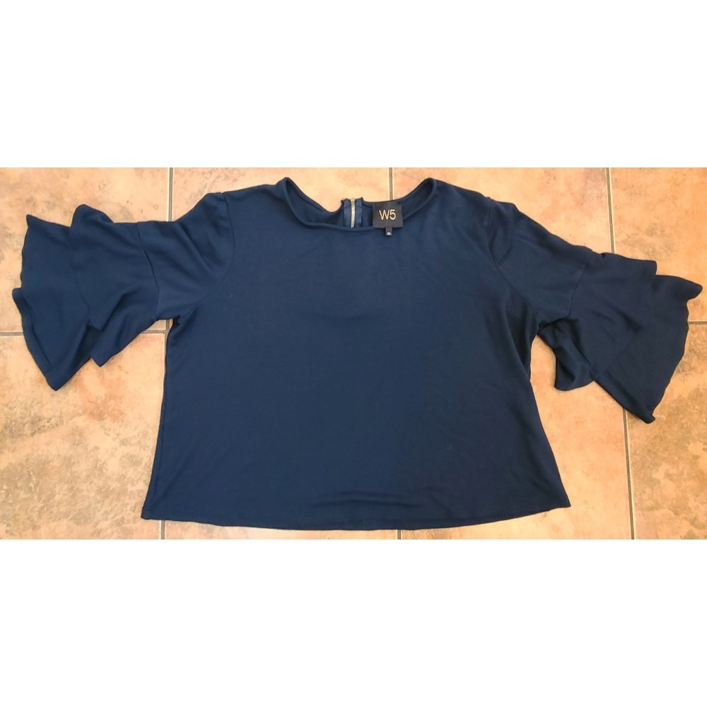W5 Anthropologie Women's Sz XL Navy Layered Bell Sleeve Top Sassy Feminine Class